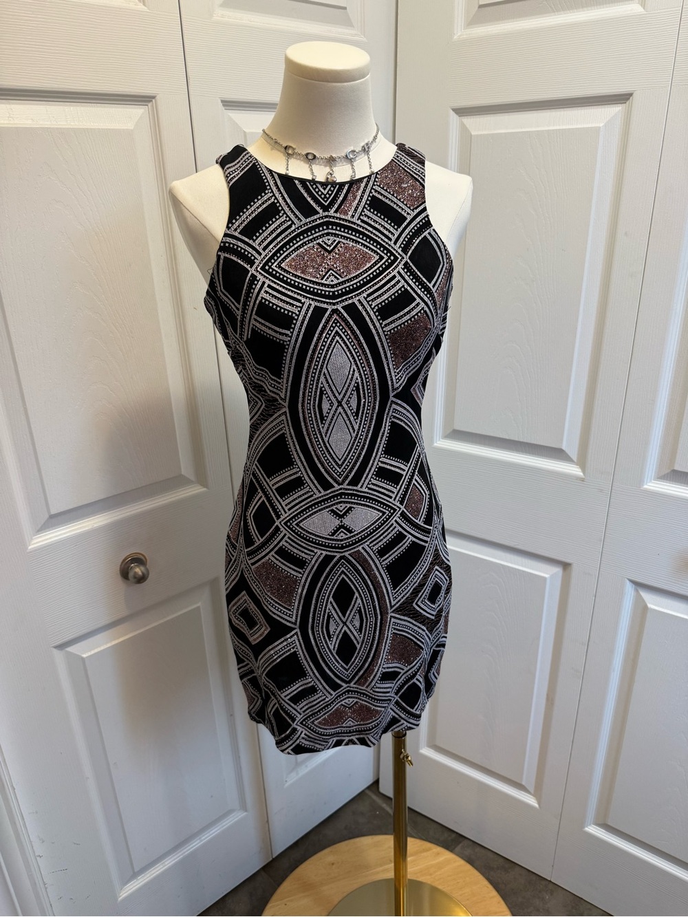 Speechless Black and Silver Geometric Mini Dress